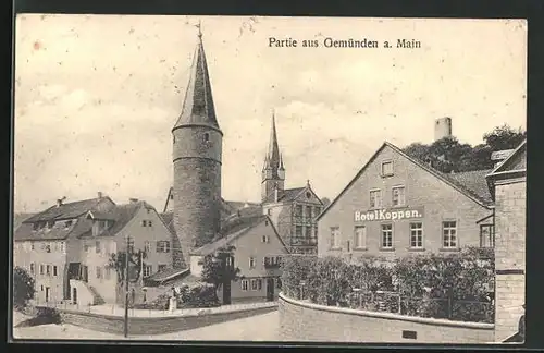 AK Gemünden a. Main, Strassenpartie mit Hotel Koppen