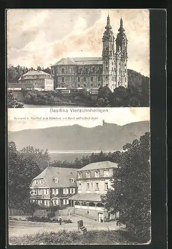 AK Vierzehnheiligen, Brauerei und Gasthof zum Hirschen mit Blick auf Schloss Banz, Basilika