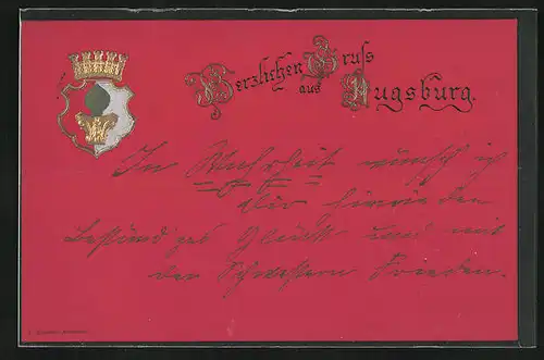 Präge-AK Augsburg, Grusskarte in Rot, Stadtwappen
