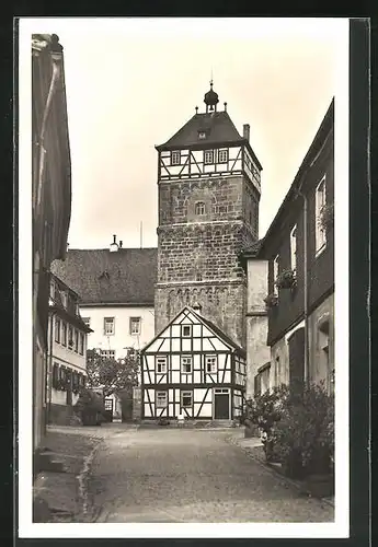 AK Bischofsheim v. d. Rhön, Strasse und Turm im Zentrum