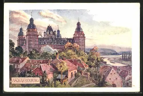 Künstler-AK Aschaffenburg, Schloss Johannisburg im Stadtbild