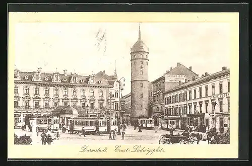 AK Darmstadt, Ernst-Ludwigsplatz mit Geschäften und Strassenbahn