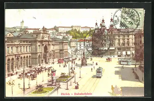 AK Zürich, Bahnhofplatz mit Geschäft und Litfasssäule, Strassenbahn