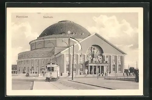 AK Hannover, Stadthalle mit Strassenbahn