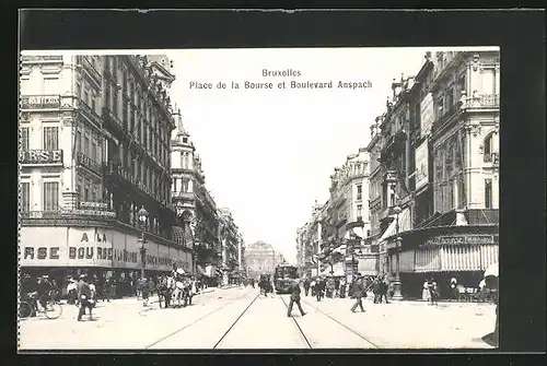 AK Bruxelles, Place de la Bourse et Boulevard Anspach, Strassenbahn