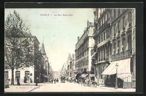 AK Nancy, La Rue Saint-Jean, Strassenbahn