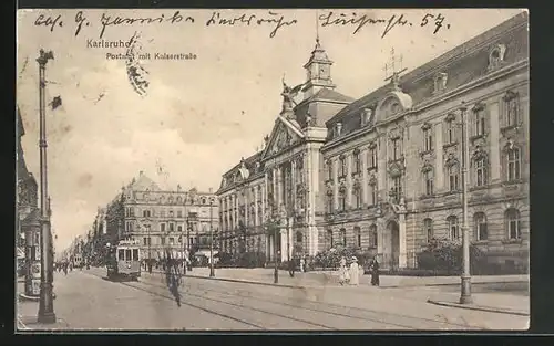 AK Karlsruhe, Postamt mit Kaiserstrasse, Strassenbahn