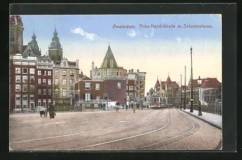 AK Amsterdam, Prins-Hendrikkade mit Schreierstoren, Strassenbahn