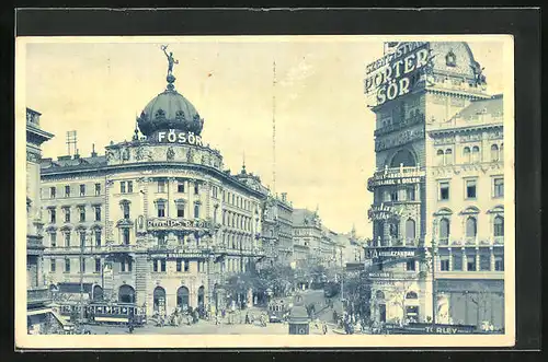 AK Budapest, Rakoczi Strasse mit Strassenbahnen