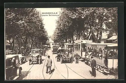 AK Marseille, Cours Belsunce, Strassenbahn und Automobile