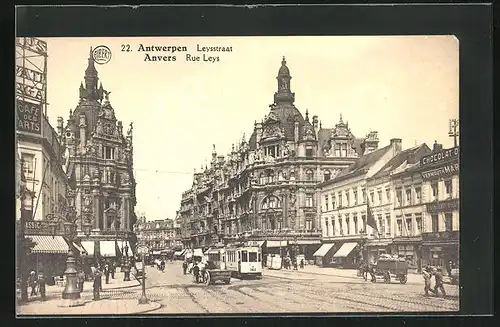 AK Anvers, Rue Leys, Strassenbahn