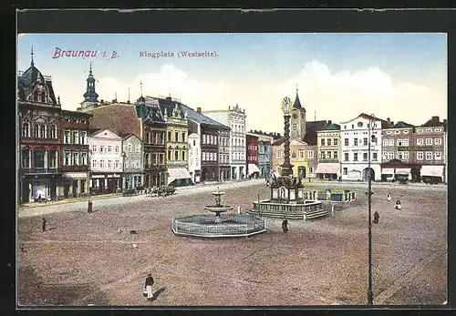 AK Braunau i. B., Blick auf den Ringplatz mit Säule