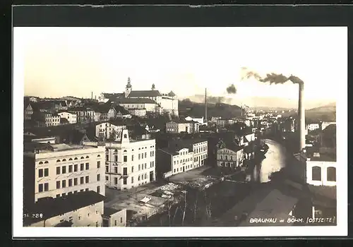 AK Braunau i. B., Blick in den Ort mit Fluss und Industrieanlagen