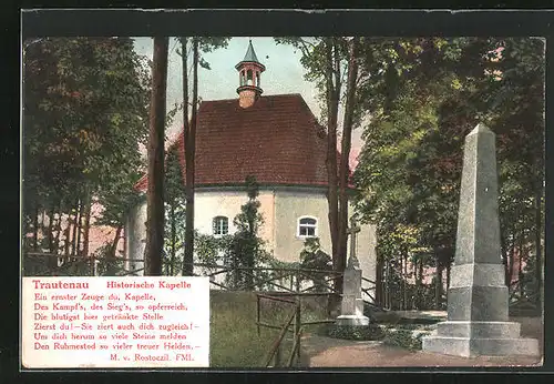 AK Trautenau / Trutnov, Partie an der historischen Kapelle mit Obelisk