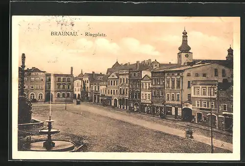 AK Brauna i. B., Blick auf den leeren Ringplatz mit Brunnen