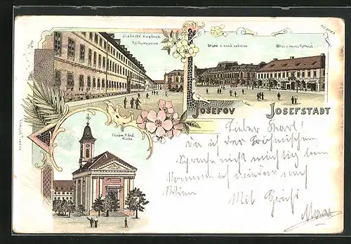 Lithographie Josefstadt / Josefov / Jaromer, Reiterkaserne, Kirche, Altes und neues Rathaus