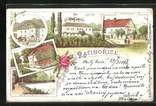 Lithographie Ratiborice, Gasthaus mit Garten, Schloss, Fluss