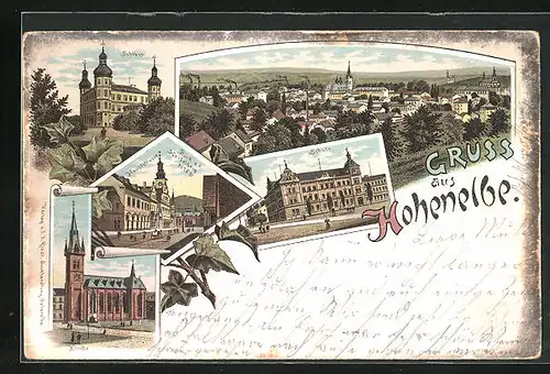 Lithographie Hohenelbe, Schule, Hauptstrasse, Schloss