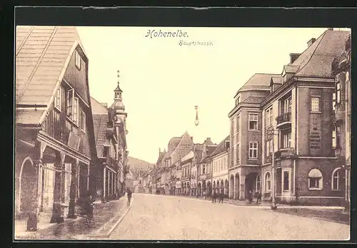 AK Hohenelbe, Hauptstrasse mit Geschäften