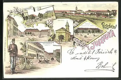 Lithographie Josefstadt / Josefov / Jaromer, Radnice, Delostrelecka Kasárna, Chrám Páne