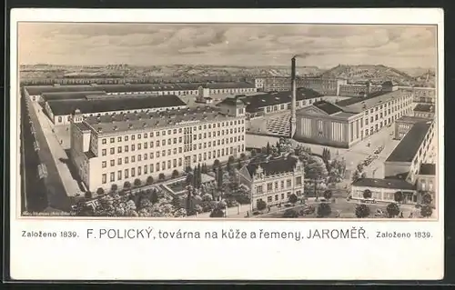 AK Josefstadt / Josefov / Jaromer, F. Policky, továrna na kuze a remeny
