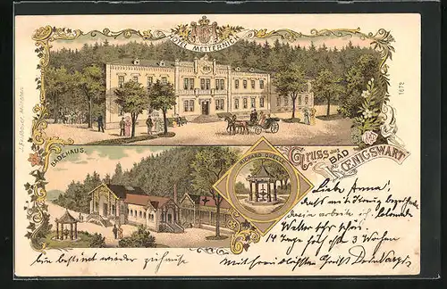 Lithographie Bad Königswart, Hotel Metternich, Badehaus, Richard Quelle