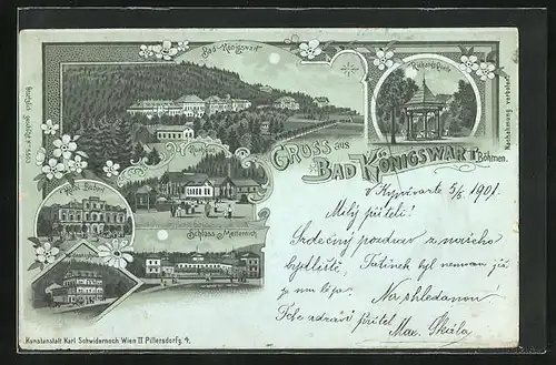 Mondschein-Lithographie Bad Königswart, Hotel Buberl, Schloss Metternich