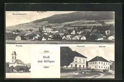 AK Militgau, Kirche, Pfarrhof, Schule, Totalansicht