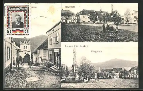 AK Luditz, Ringplatz mit Häusern und Pestsäule, Strassenpartie bei der Kirche