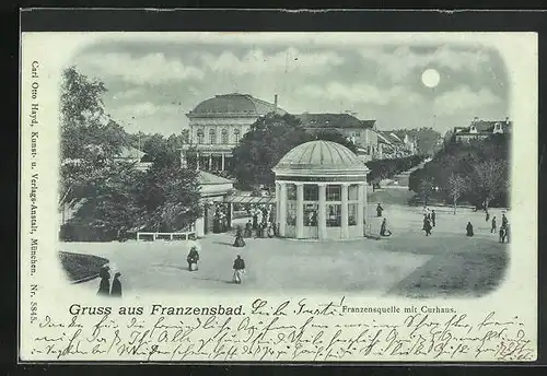 Mondschein-AK Franzensbad, Franzensquelle mit Kurhaus