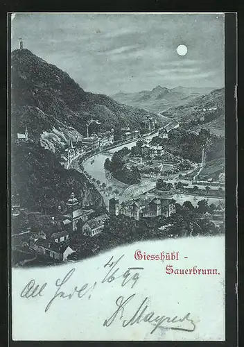 Mondschein-AK Giesshübl-Sauerbrunn, Ortsansicht aus der Vogelschau