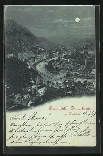 Mondschein-AK Giesshübl-Sauerbrunn, Blick auf den Ort