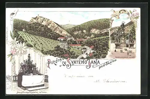 Lithographie Svaty Jan pod Skalou, Staleté piskovcové sousosi, Mausoleumabozustatky sv. Jana