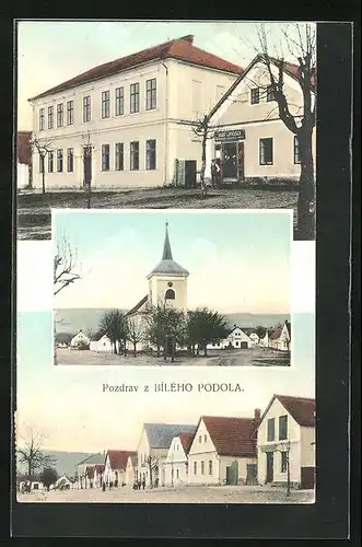 AK Bile Podoli, Geschäft von Josef Janousek, Kirche, Strassenpartie