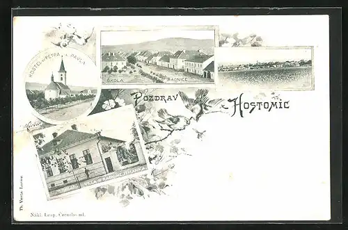 AK Hostomice, Kostel sv. Petra a Pavla, Skola, Radnice