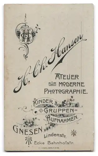 Fotografie H. Chr. Hansen, Gnesen, Lindenstrasse Ecke Bahnhofstrasse, Portrait ältere Dame im Kleid mit Buch