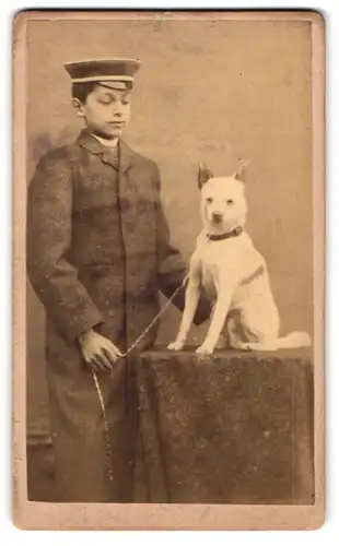 Fotografie unbekannter Fotograf und Ort, Portrait junger Knabe im Anzug mit seinem Hund auf dem Tisch