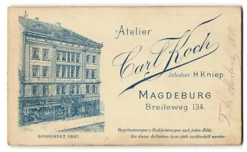 Fotografie Carl Koch, Magdeburg, Breiteweg 134, Ansicht Magdeburg, Fasade des Ateliersgebäudes