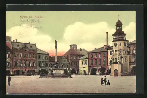 AK Arnau / Hostinne, Marktplatz mit Denkmal