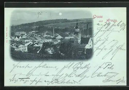 Mondschein-AK Arnau / Hostinne, Ortspartie mit Kirche