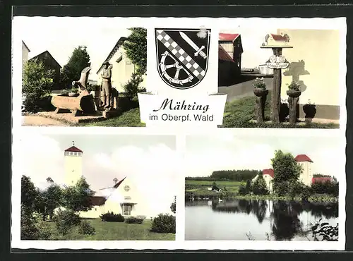 AK Mähring /Oberpf. Wald, St. Anna Kirche, See, Skulptur am St. Anna-Brunnen