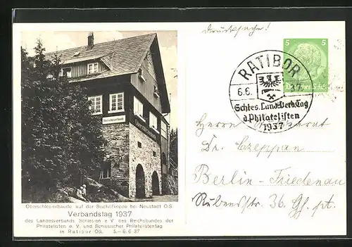 AK Ratibor, Schles. Landes-Verbandstag der Philatelisten 1937, Oberschlesierbaude auf der Bischofkoppe bei Neustadt