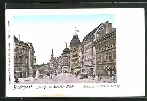 Goldfenster-AK Budapest, Josephs und Elisabeth-Ring mit leuchtenden Fenstern und Strassenbahn