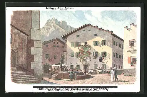 Künstler-AK F.A.C.M. Reisch: Castelrotto, Albergo Agnello, Ortspartie mit Gasthaus zum Lamm