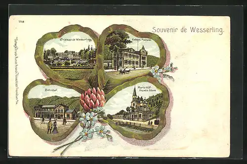 Passepartout-Lithographie Wesserling, Chateau, Bahnhof, Kaiserl. Postamt, Kleeblatt