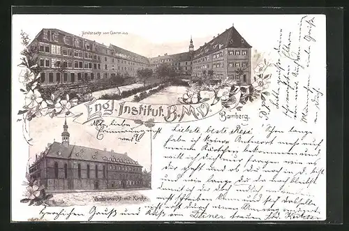 AK Bamberg, Engl. Institut BMV, Vorderansicht mit Kirche