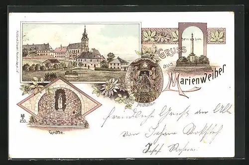 Lithographie Marienweiher, Hochaltar, Grotte, Marien-Säule