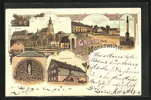 Lithographie Marienweiher, Gasthaus Schott, Kloster, Grotte