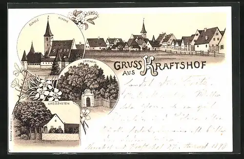 Lithographie Kraftshof, Irrhain, Kressenstein, Schule