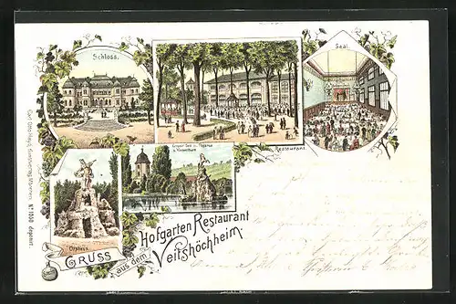 Lithographie Veitshöchheim, Hofgarten-Restaurant, Schloss, Orpheus